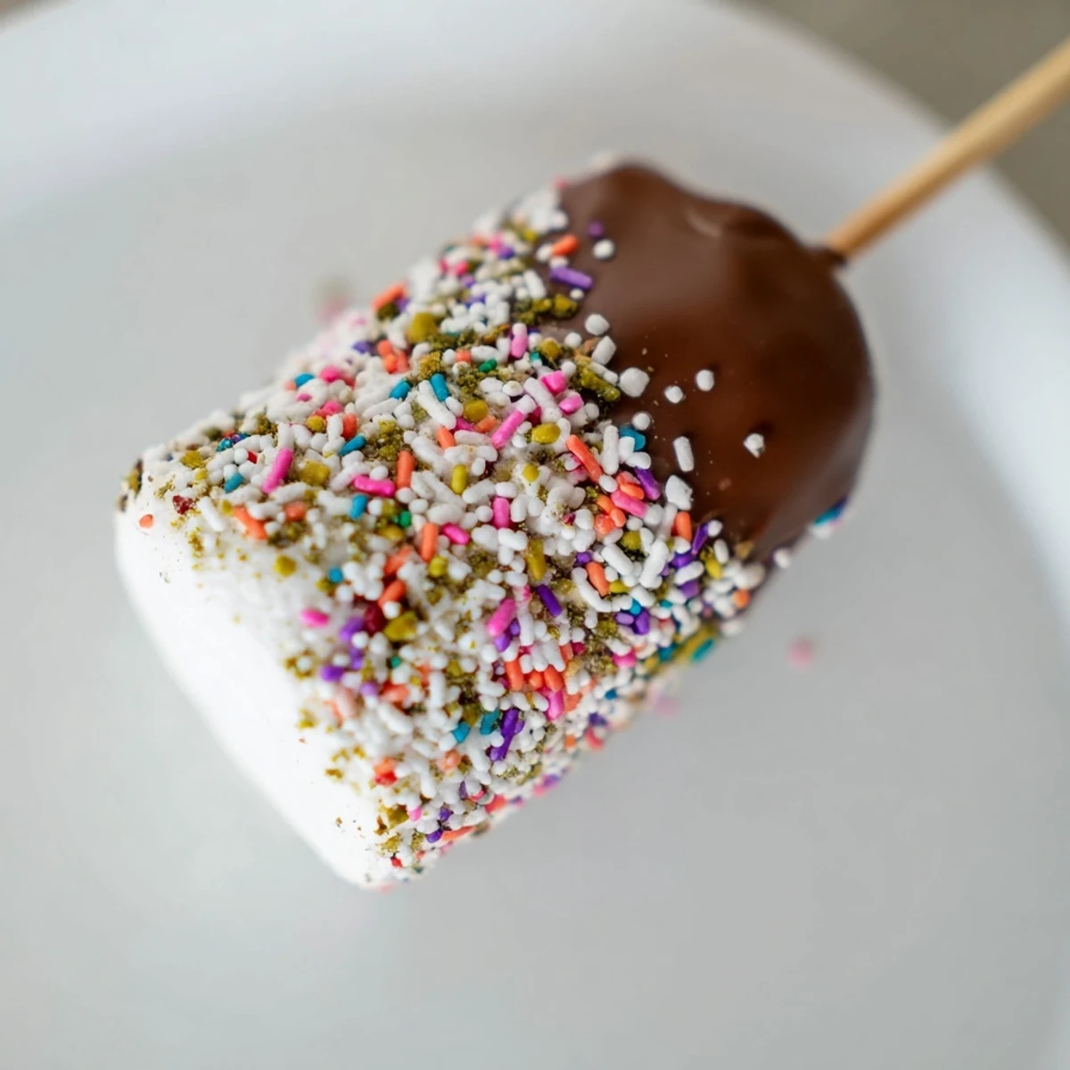 Fluffy marshmallows on sticks coated in glossy melted chocolate and rainbow sprinkles, ready for a party.