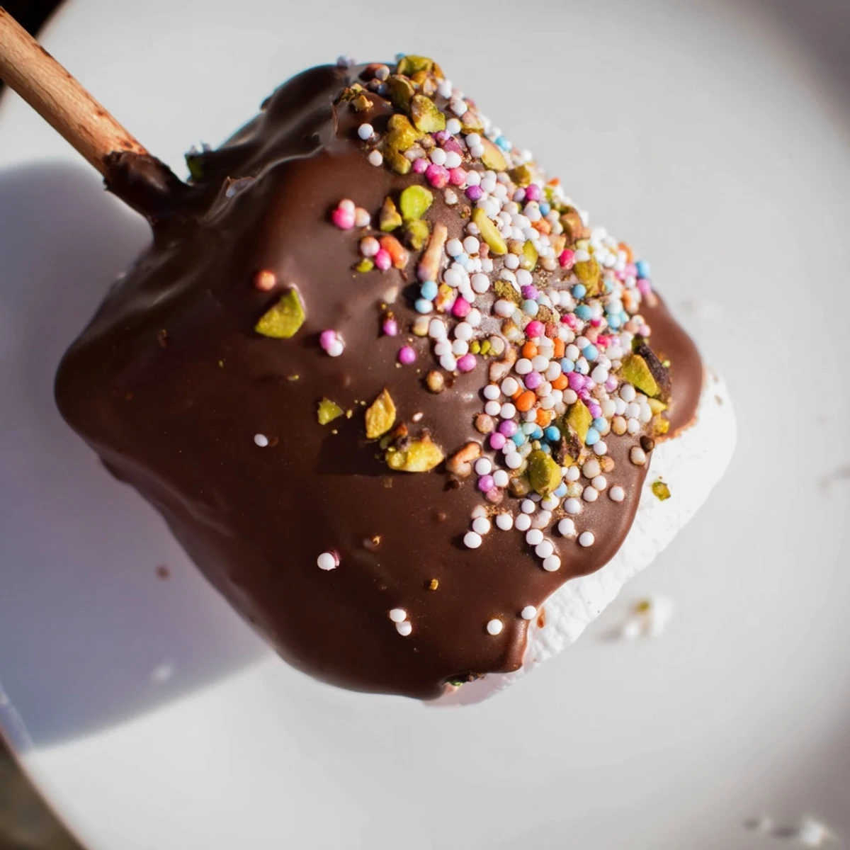 Homemade Chocolate Dipped Marshmallows stacked on a baking sheet with pistachios and graham cracker crumbs.