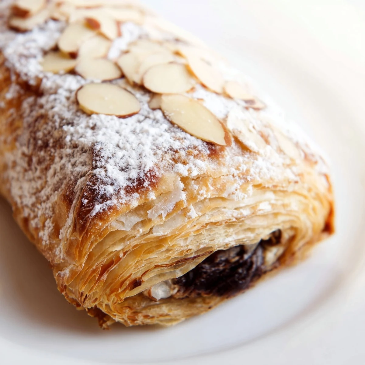 A tray of golden-brown Chocolate Breakfast Pastry, fresh from the oven, showcasing flaky layers and topped with sliced almonds.