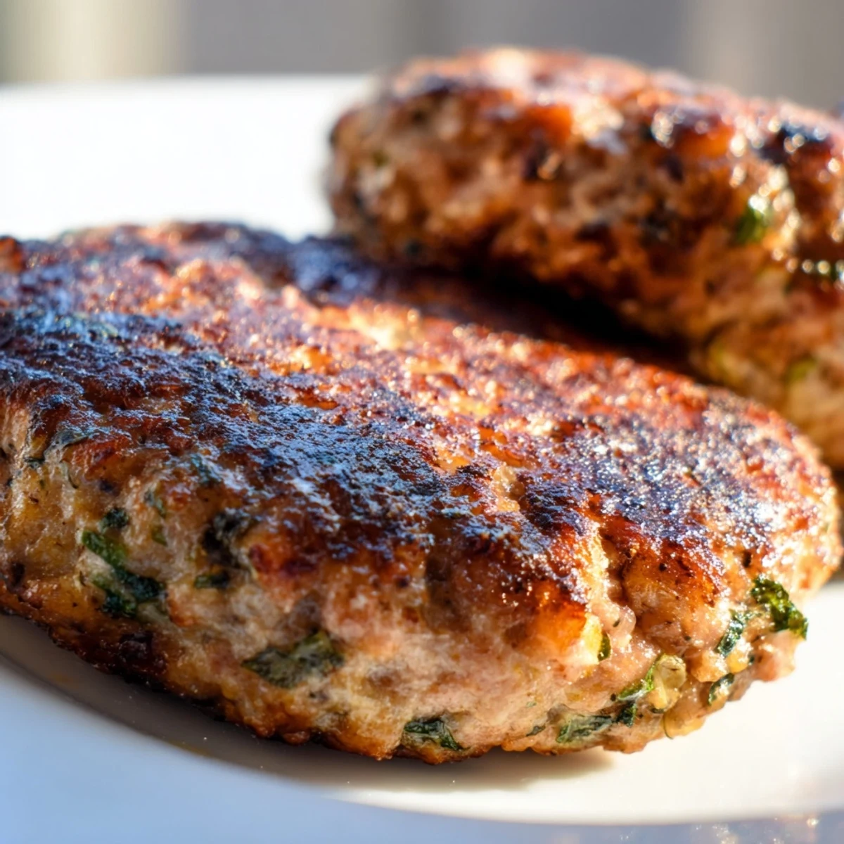 Golden-brown Turkey Breakfast Sausage patties sizzling in a skillet, infused with sage and paprika. 
