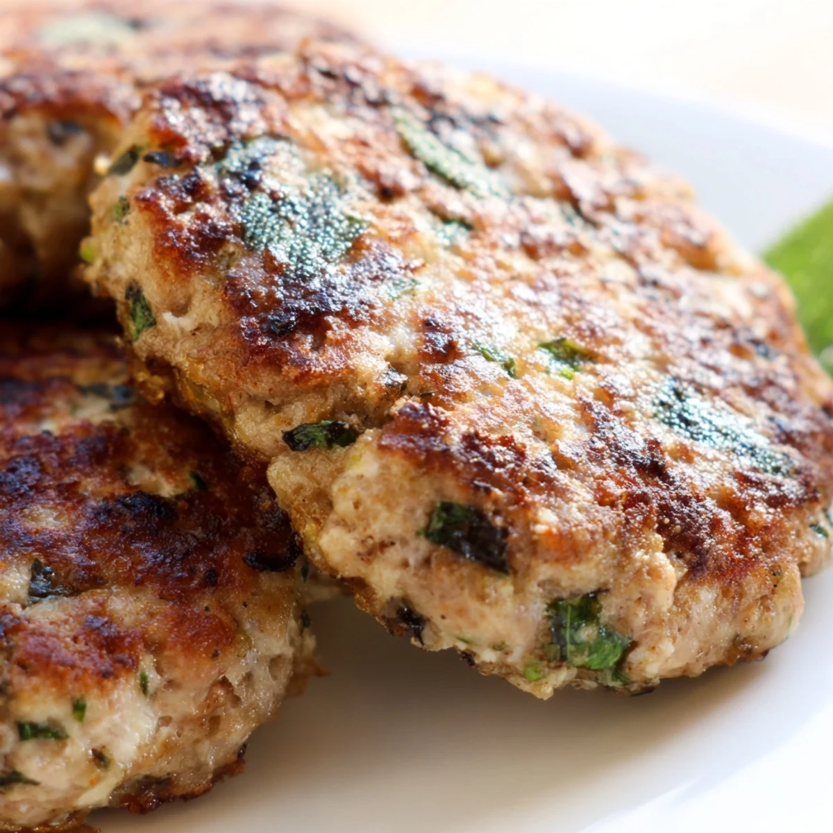 Freshly cooked Turkey Breakfast Sausage patties plated alongside fluffy scrambled eggs and toasted artisan bread. 