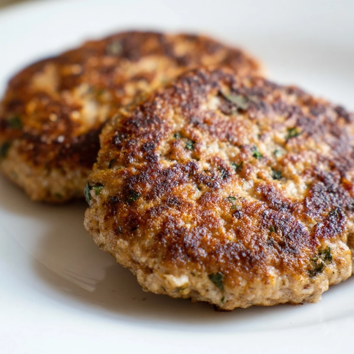Hand-shaped raw Turkey Breakfast Sausage patties ready for the pan, featuring fresh parsley and spices.