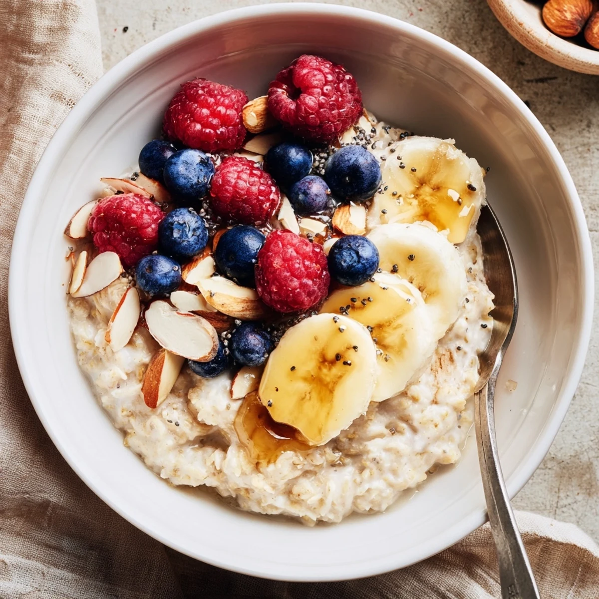 A warm bowl of Creamy Breakfast Oats, topped with fresh berries and sliced bananas, served for a healthy morning meal.