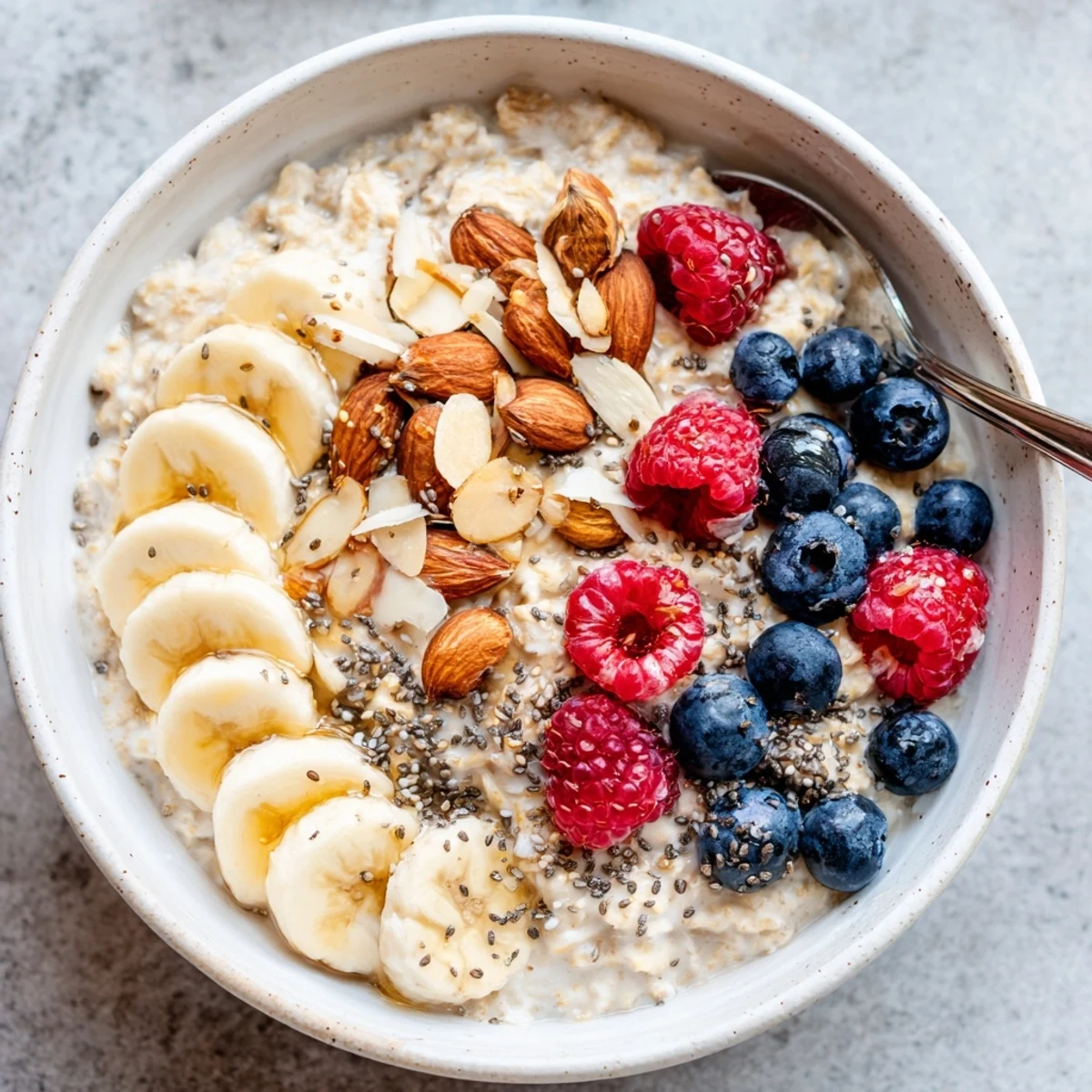 Spoon-ready Creamy Breakfast Oats, prepared with oats and milk, topped with berries and nuts for a quick, comforting start.
