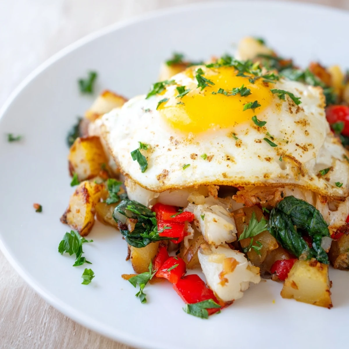 Golden, flaky baked fish nestled in a skillet hash with crispy potatoes, bell peppers, and wilted spinach.