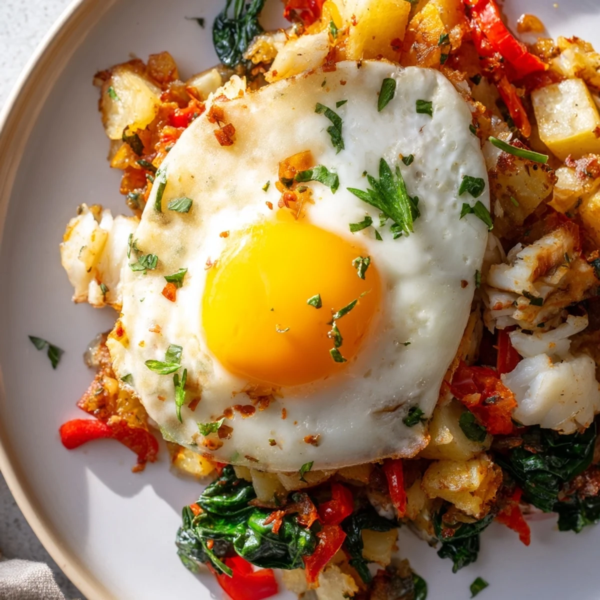 Crumbled baked fish mixed into a colorful breakfast hash of diced potatoes, onions, and peppers, finished with fresh herbs.