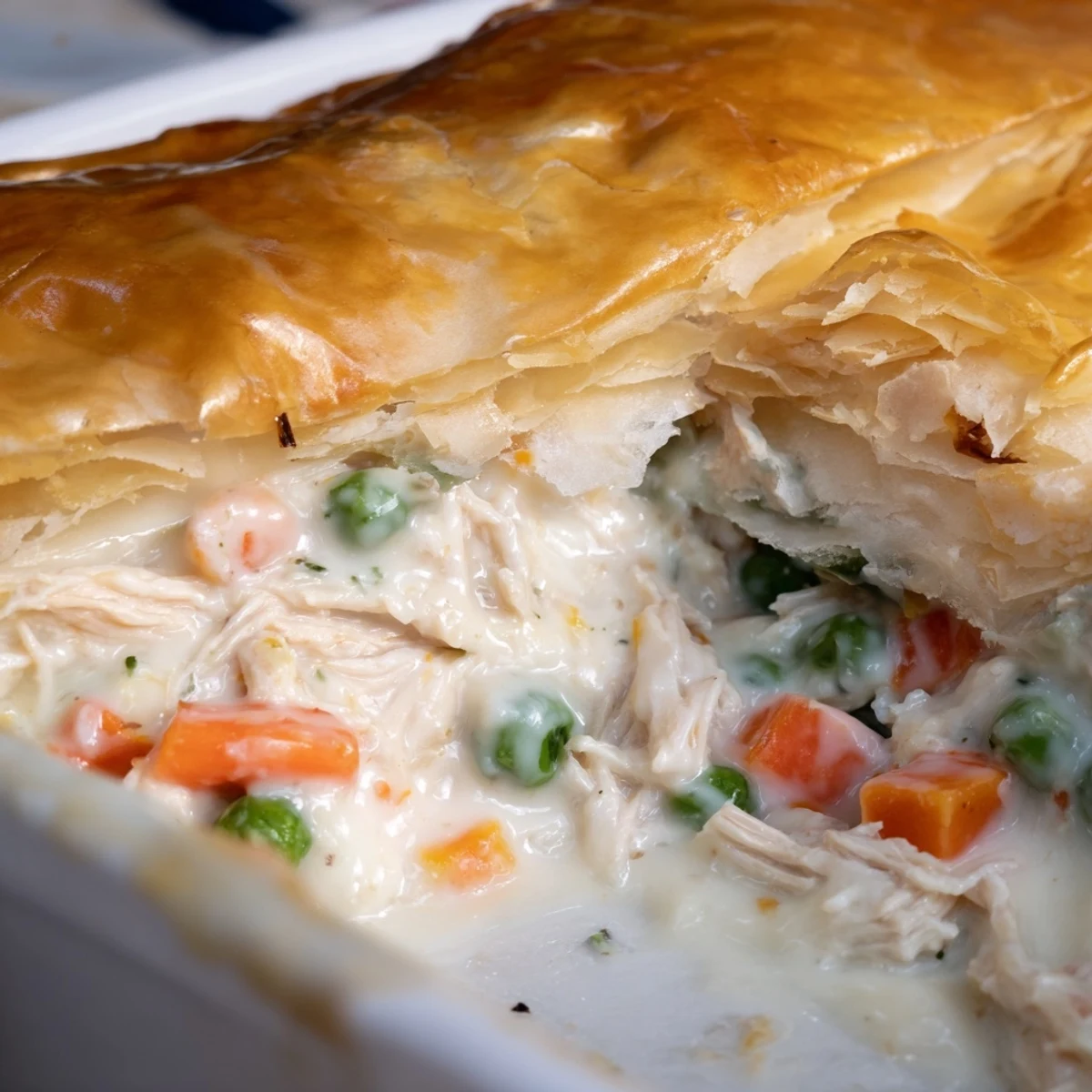 Golden flaky pastry crowns a bubbling Chicken Supper Pie filled with creamy chicken, peas, and herbs.