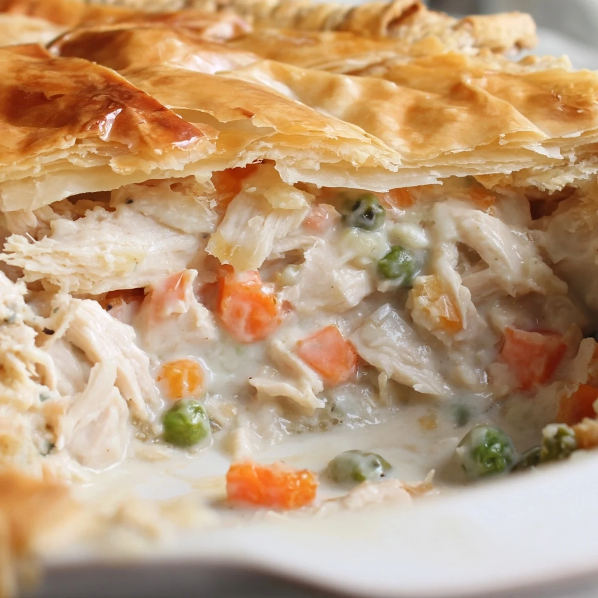 A rustic pie dish holds golden-crusted Chicken Supper Pie with tender chicken, carrots, and creamy sauce.