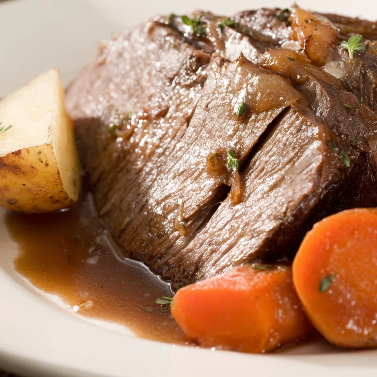 Golden-brown Beef Supper Roast surrounded by tender root vegetables in a savory pan jus.