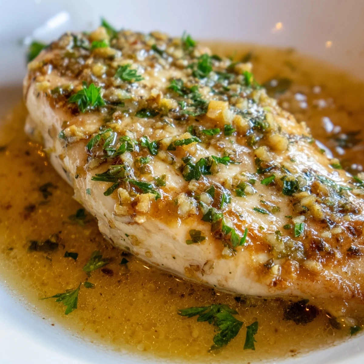 Golden-brown Lemon Supper Chicken breasts simmering in a zesty, bubbling herb sauce inside a skillet.