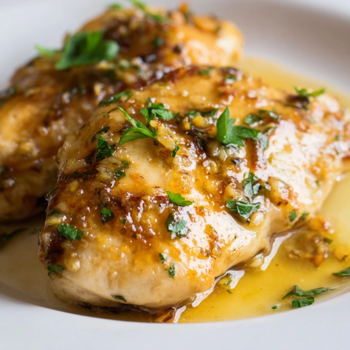 Tender Lemon Supper Chicken served on a white plate with fluffy rice and fresh parsley garnish.