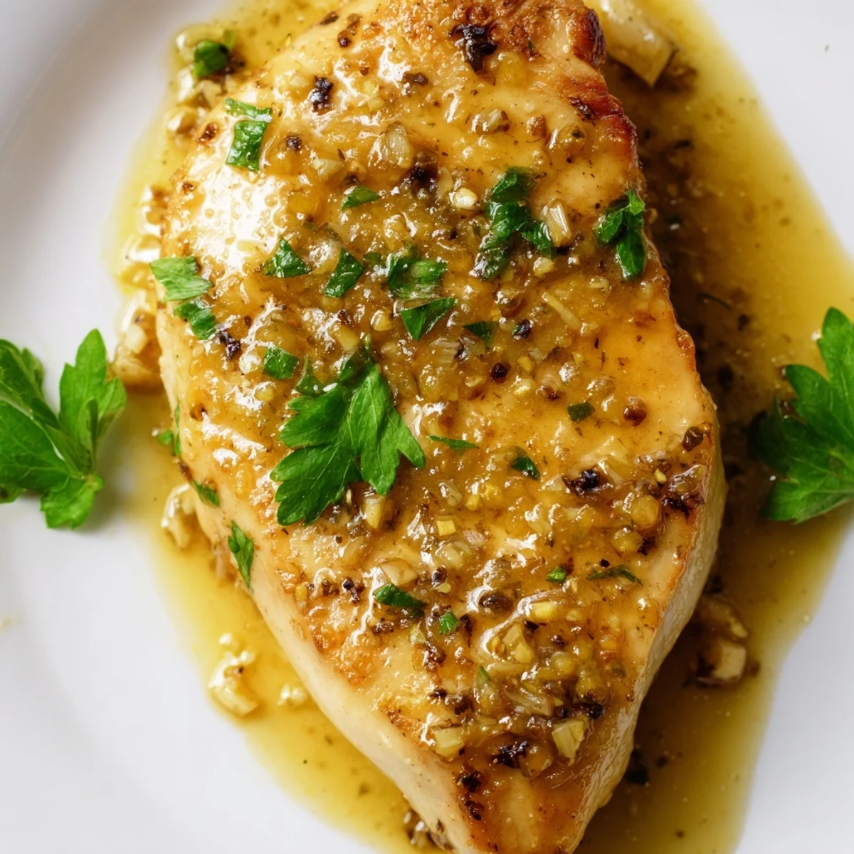 Juicy Lemon Supper Chicken breasts coated in a glossy lemon sauce with roasted potatoes on the side.