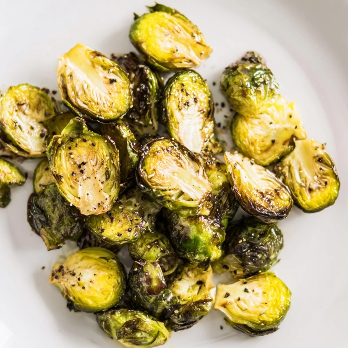 Golden brown Roasted Brussels Sprouts with Balsamic Glaze garnished with fresh thyme on a rustic platter.