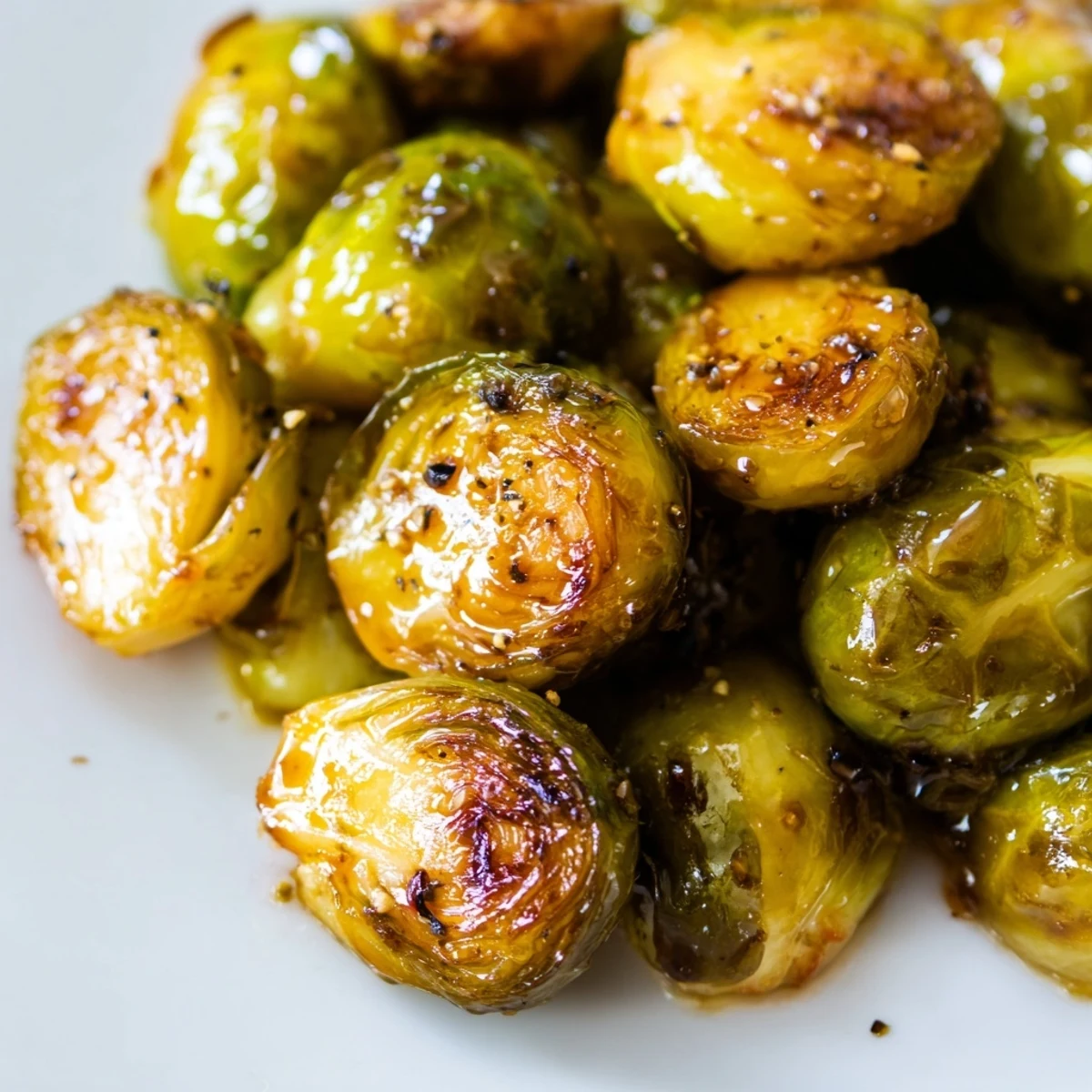 Crispy caramelized Roasted Brussels Sprouts with Balsamic Glaze served warm alongside roasted chicken on a dinner table.