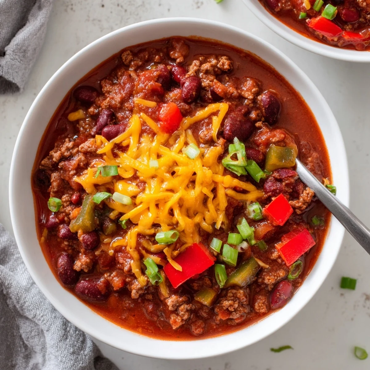 Hearty Beef and Bean Chili with Cheddar Cheese bubbling in a pot, ready to serve with cornbread.