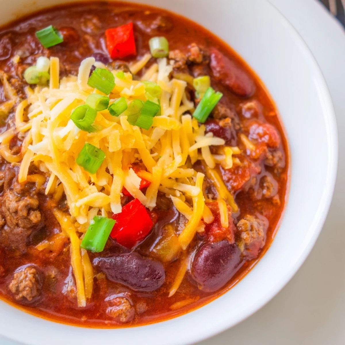 Spoon lifting a ladle of Beef and Bean Chili with Cheddar Cheese, showcasing tender beef and beans.