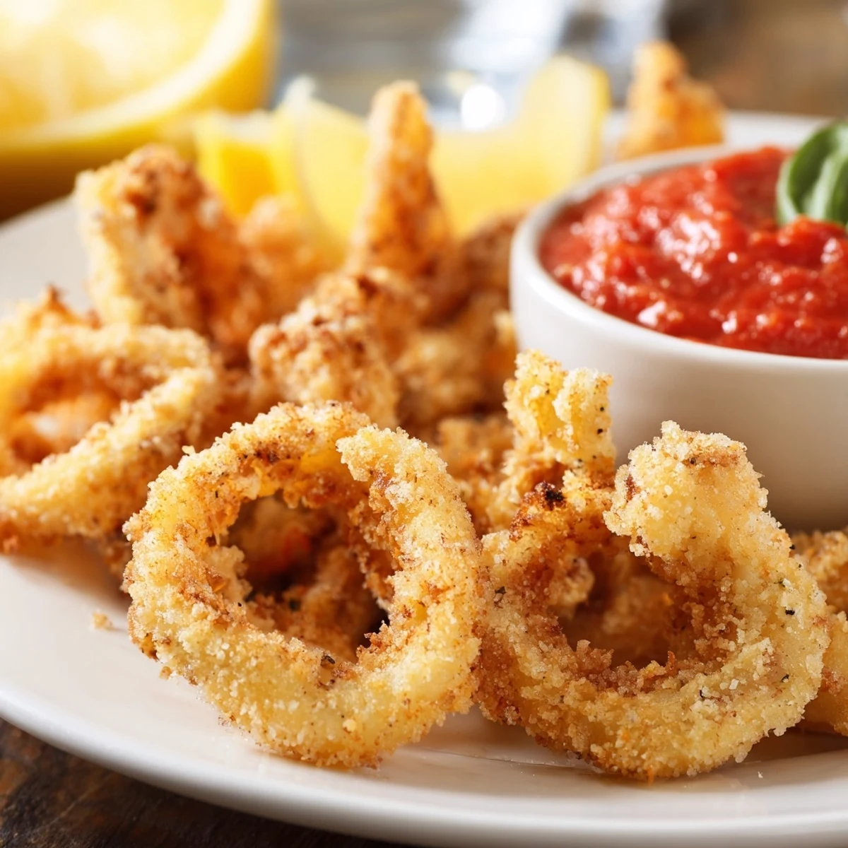Golden-fried crispy calamari rings are served hot with tangy marinara dipping sauce and fresh lemon wedges.