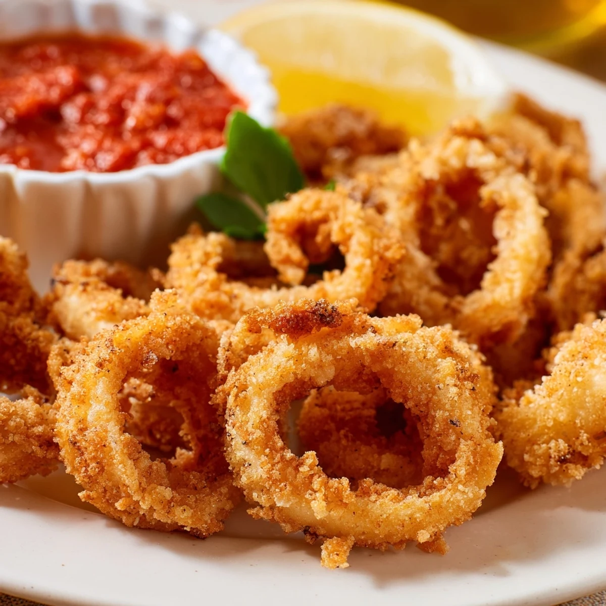 Close-up of Crispy Calamari with Marinara Dipping Sauce, showing crunchy breading and vibrant red sauce.