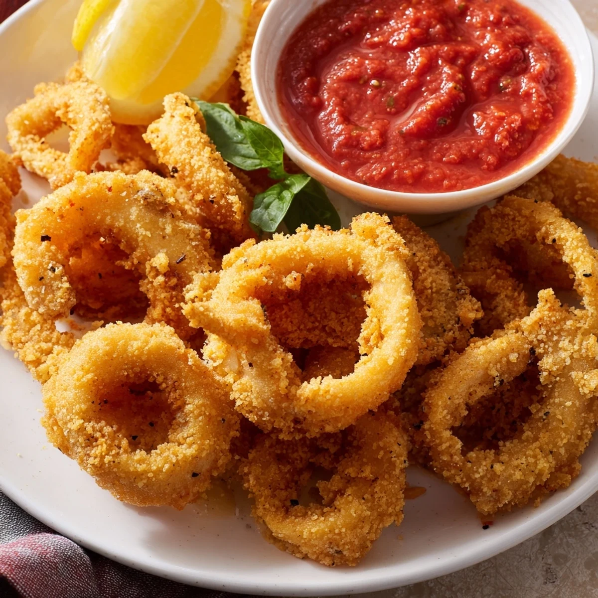 Crispy Calamari with Marinara Dipping Sauce rests on a plate, garnished with parsley and lemon.