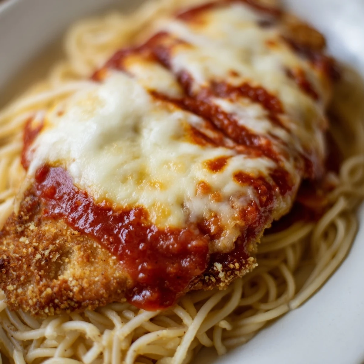 Golden-brown breaded chicken breast topped with melted mozzarella and marinara sauce on a bed of spaghetti, garnished with fresh parsley.