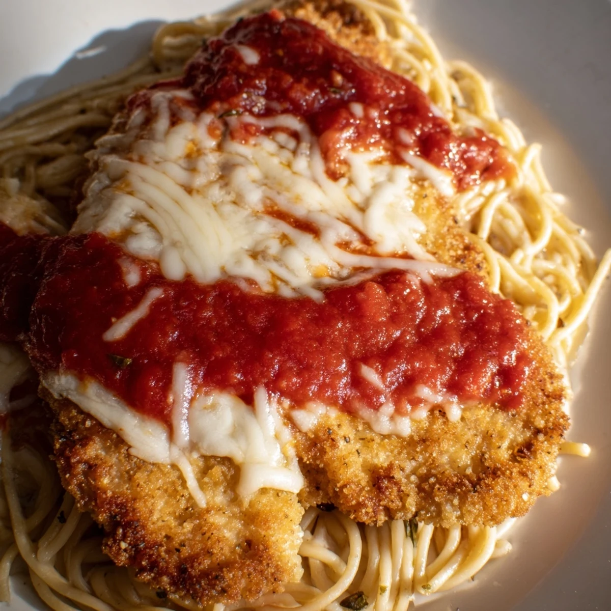 Sizzling Chicken Parmesan over spaghetti marinara, garnished with fresh basil and ready to serve for dinner.