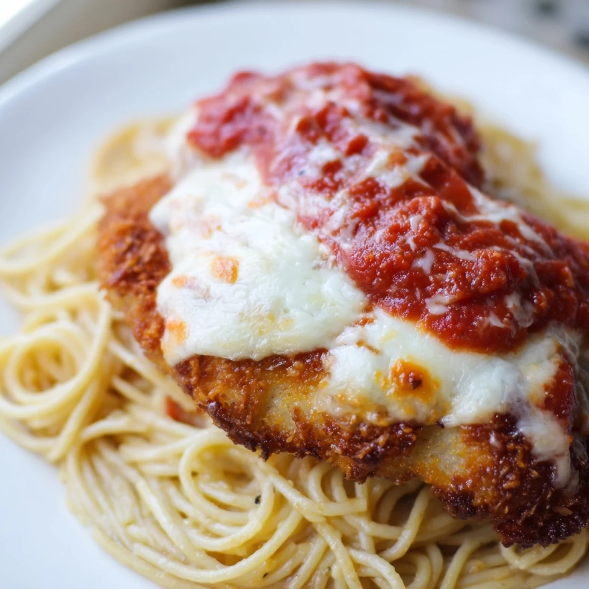 Tender chicken parm layered over spaghetti marinara, featuring a rich red sauce and bubbly, golden cheese crust.