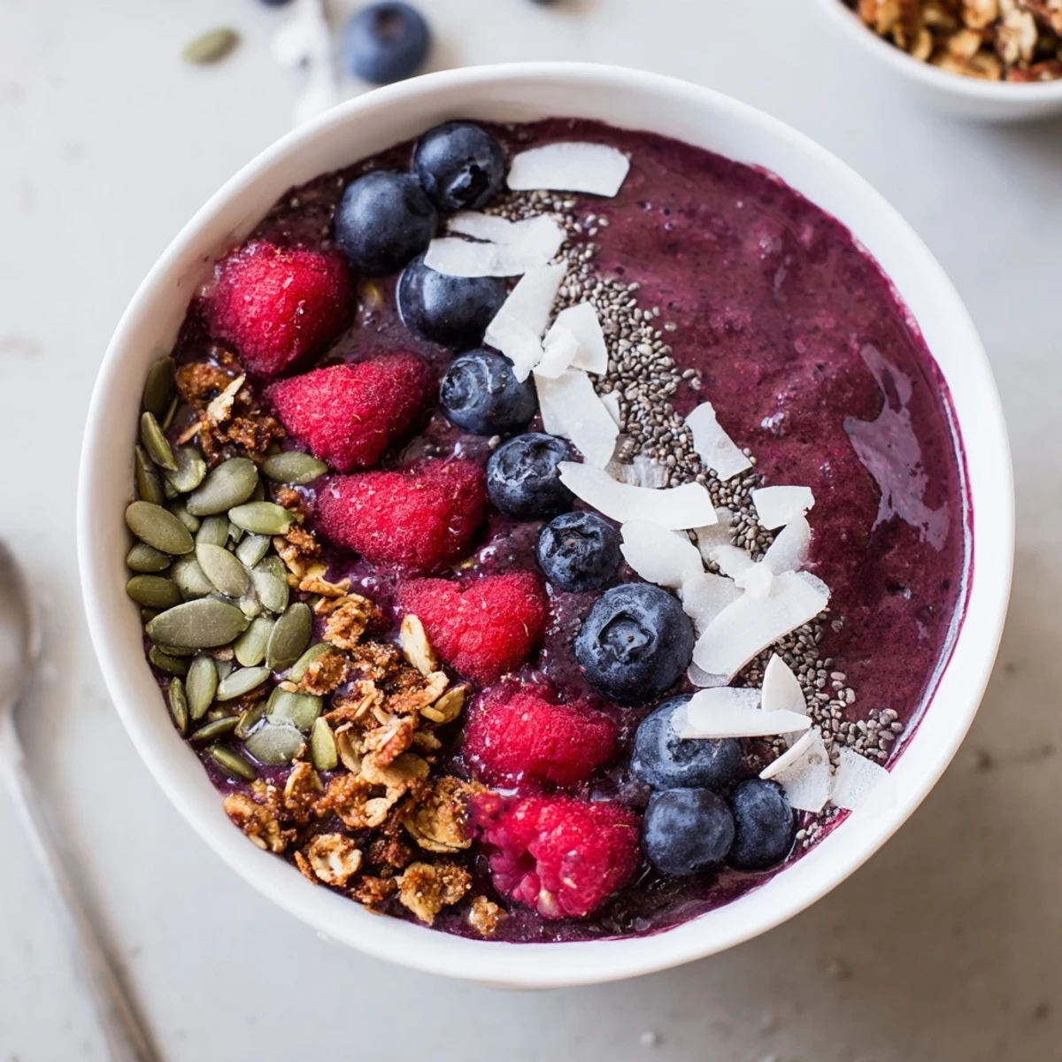 Two Winter Berry Smoothie Bowls feature a thick, creamy base topped with pumpkin seeds, chia seeds, and granola.