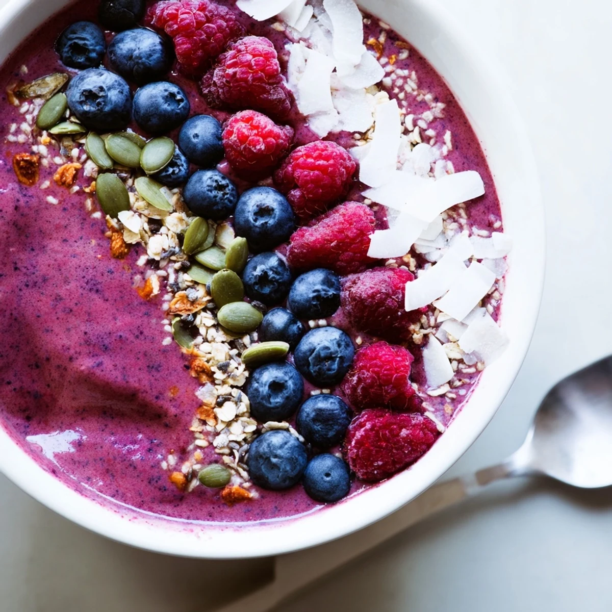 A vibrant Winter Berry Smoothie Bowl with seeds and fresh berries is topped on creamy yogurt, ready to serve.