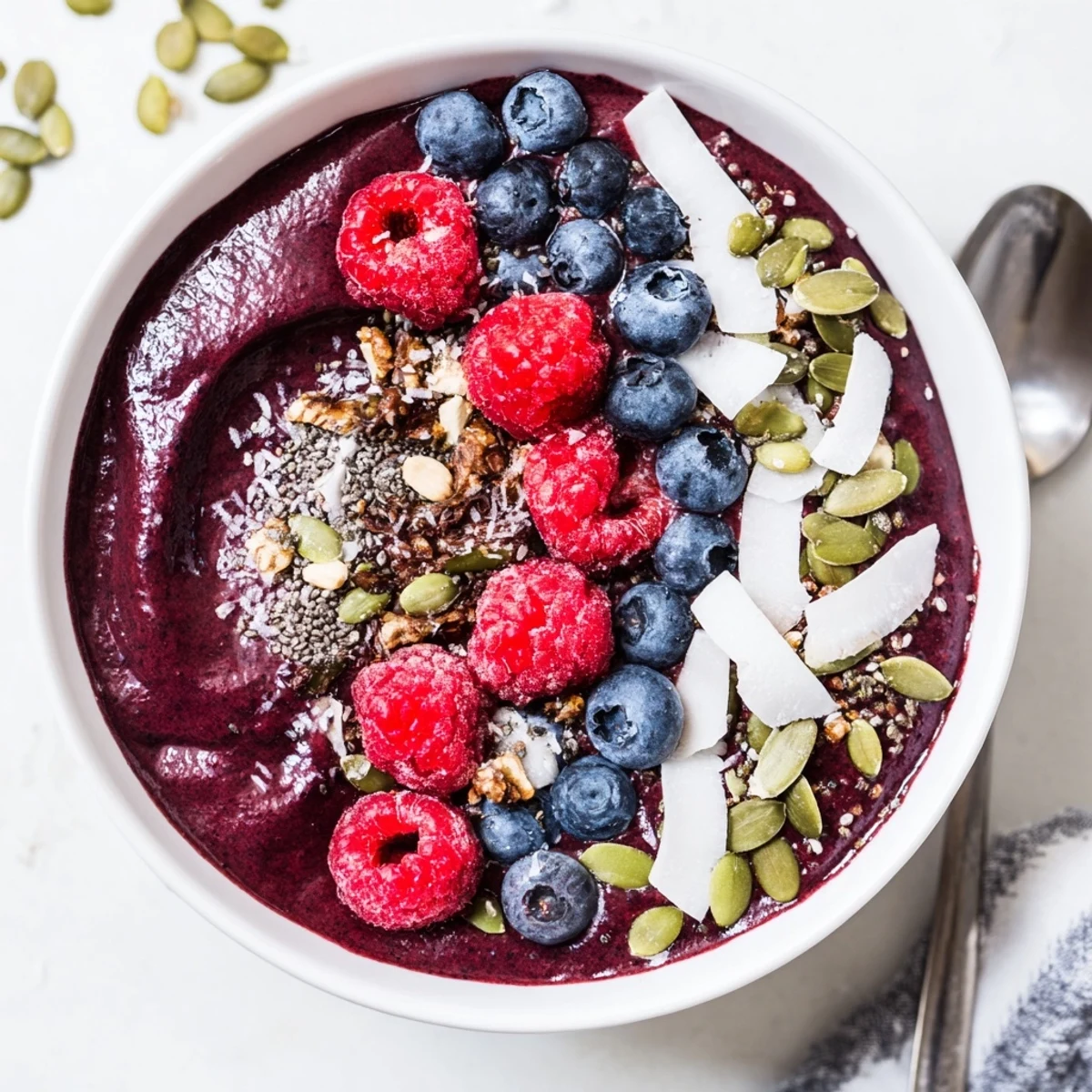 Close-up of a nourishing Winter Berry Smoothie Bowl with seeds, coconut, and fresh fruit, perfect for a healthy snack.