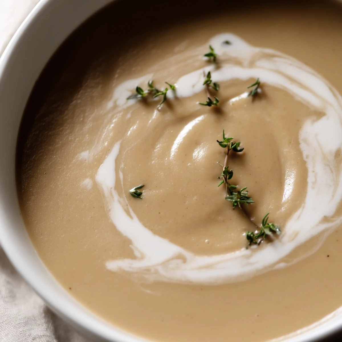 Earthy mushrooms and fresh thyme blend into a velvety Creamy Mushroom Soup with Thyme, served with crusty artisan bread.