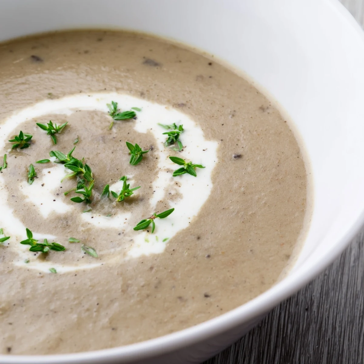 A ladle pours rich Creamy Mushroom Soup with Thyme into a white bowl, with mushrooms and herbs visible.