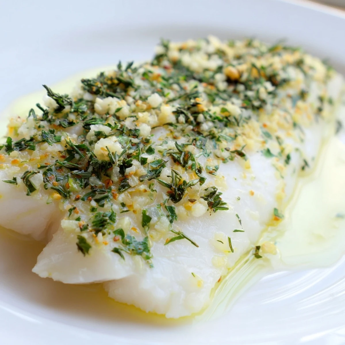 A close-up view of flaky Baked Cod with Garlic Butter and Herbs glistening with melted butter and herbs, steam rising from the fillet.
