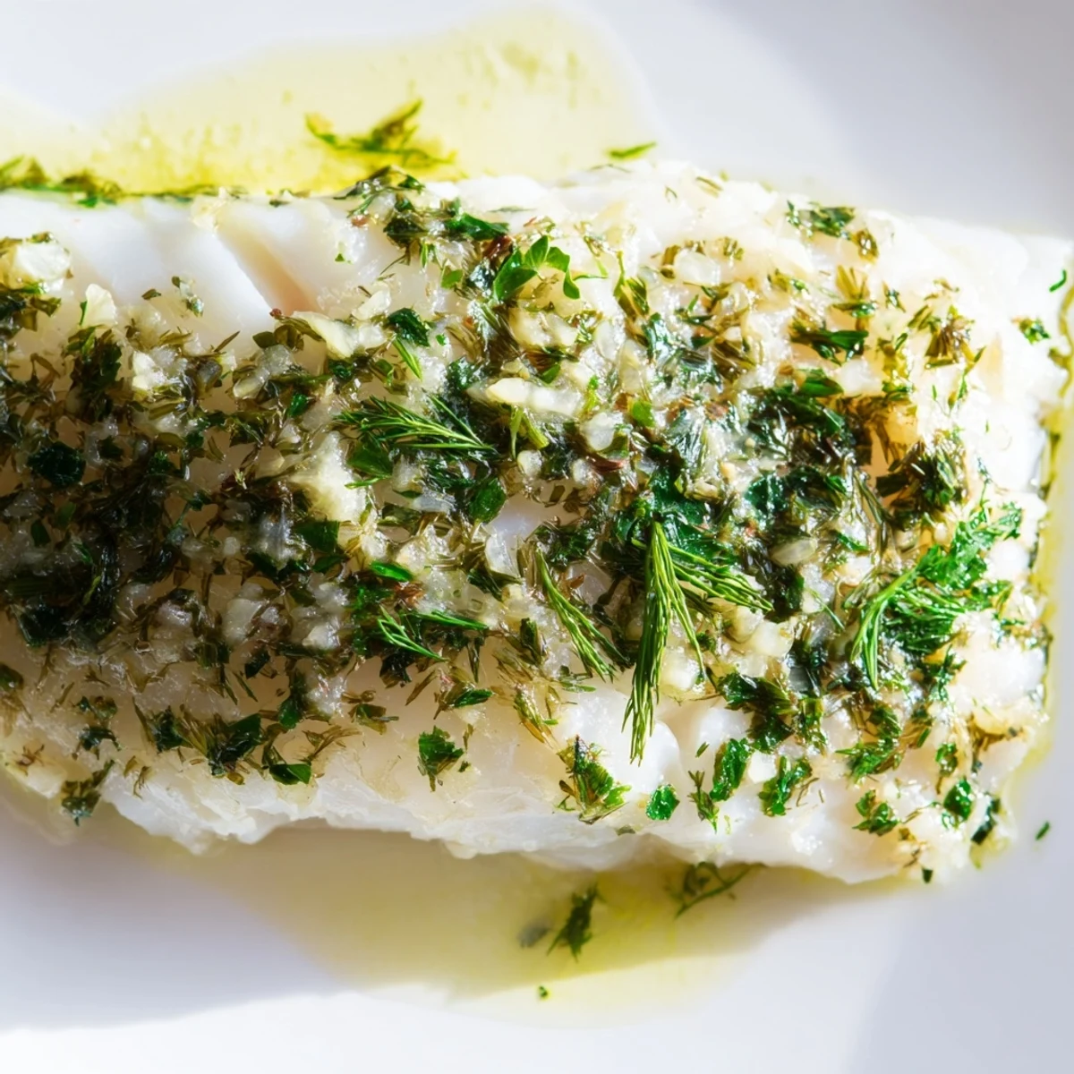 Golden-brown Baked Cod with Garlic Butter and Herbs resting in a white ceramic baking dish, garnished with fresh parsley and lemon wedges.