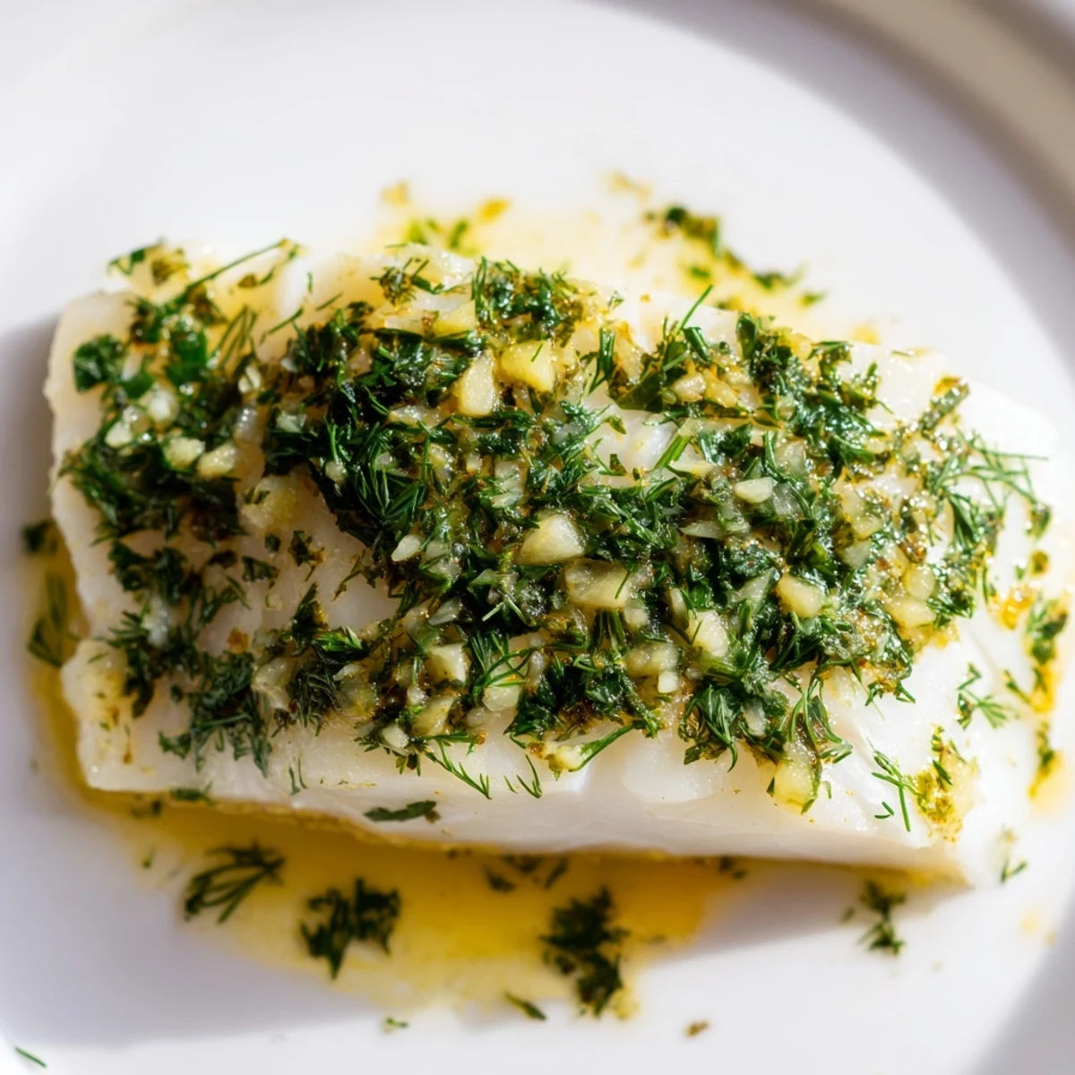 Serving of Baked Cod with Garlic Butter and Herbs on a dinner plate with roasted potatoes and asparagus, ready to eat.