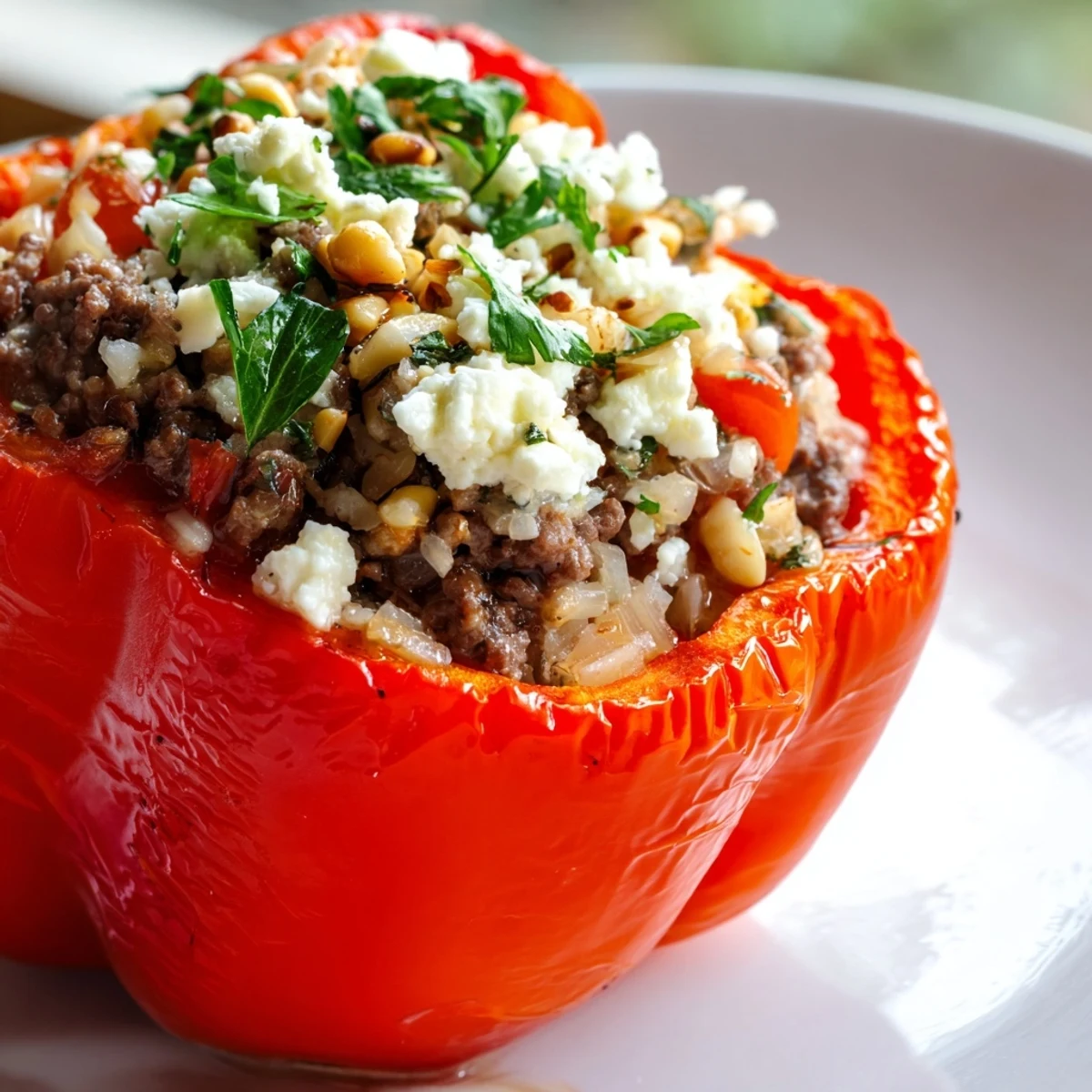 Mediterranean Stuffed Bell Peppers with Beef resting on a white plate, garnished with fresh parsley and pine nuts.