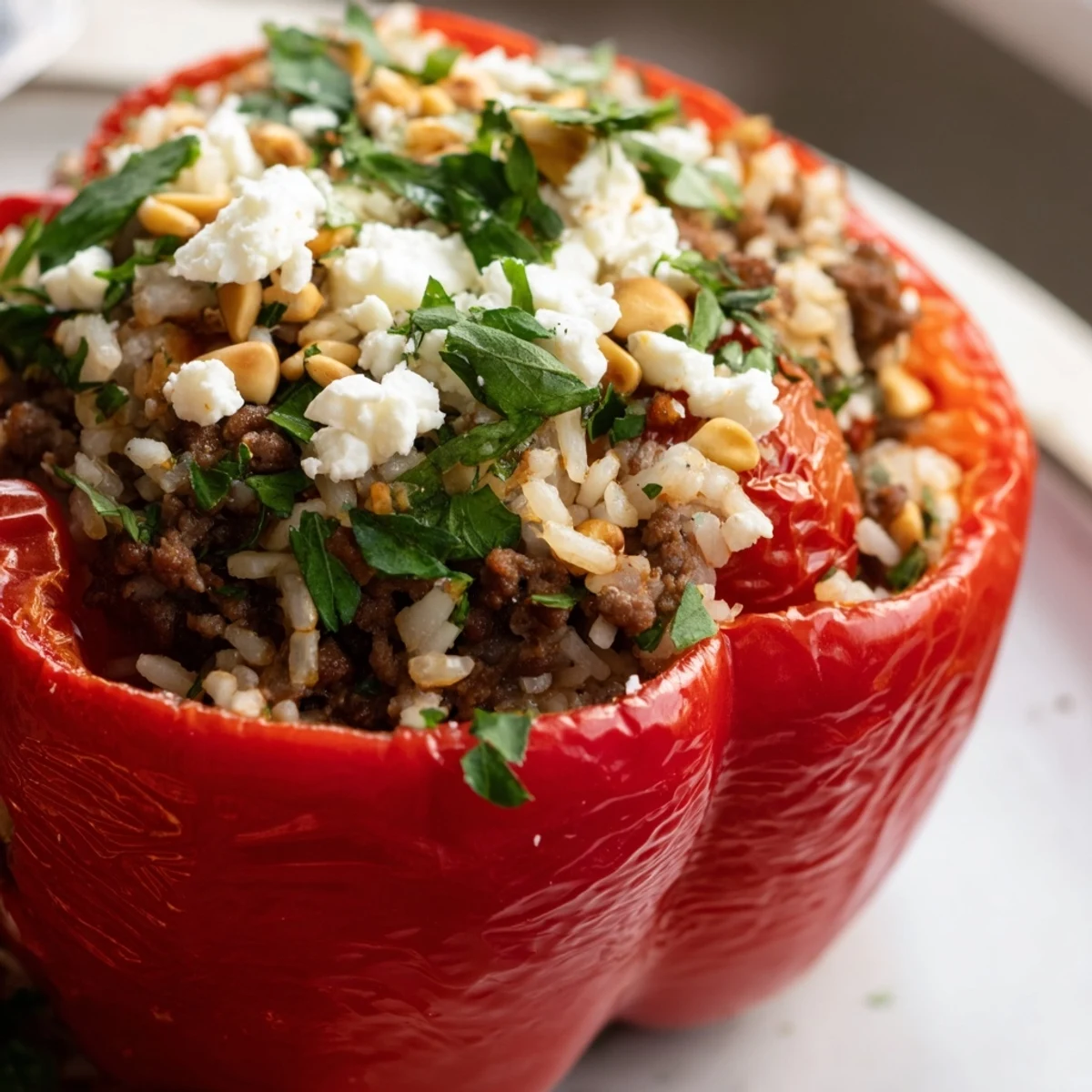 Four vibrant roasted bell peppers filled with savory Mediterranean-spiced beef, rice, and topped with crumbled feta cheese.