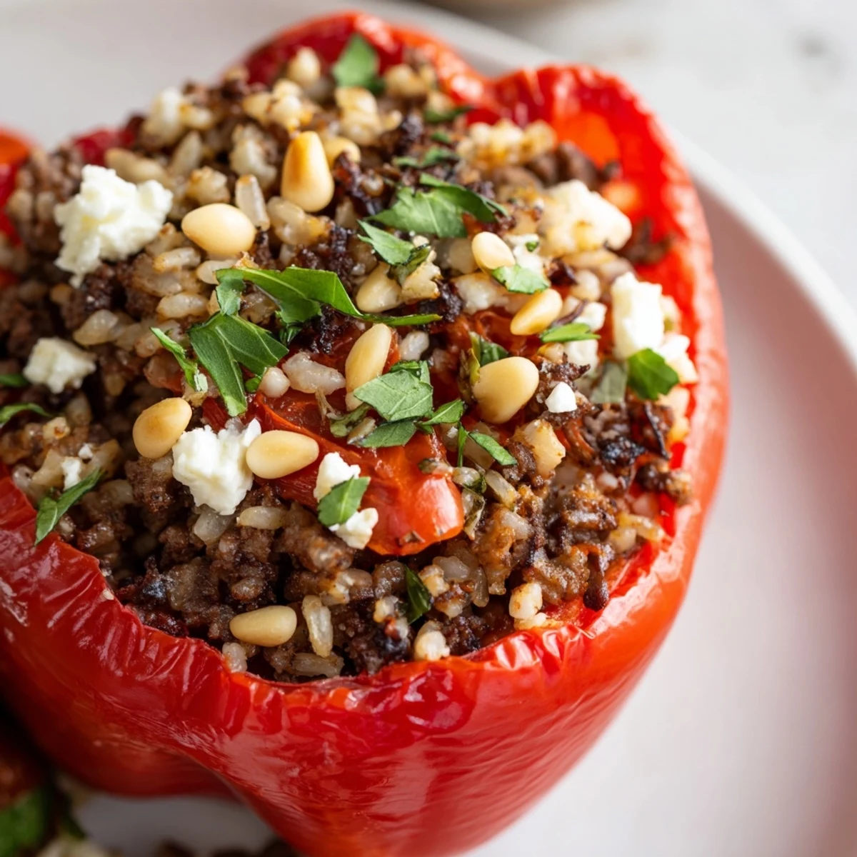 Golden baked peppers with beef, rice, and herbs, served hot as a wholesome gluten-free Mediterranean family dinner.