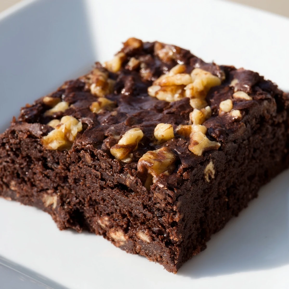 A close-up slice of Chocolate Fudge Brownies with Walnuts reveals rich chocolate chunks and crunchy nut pieces on a dessert plate.