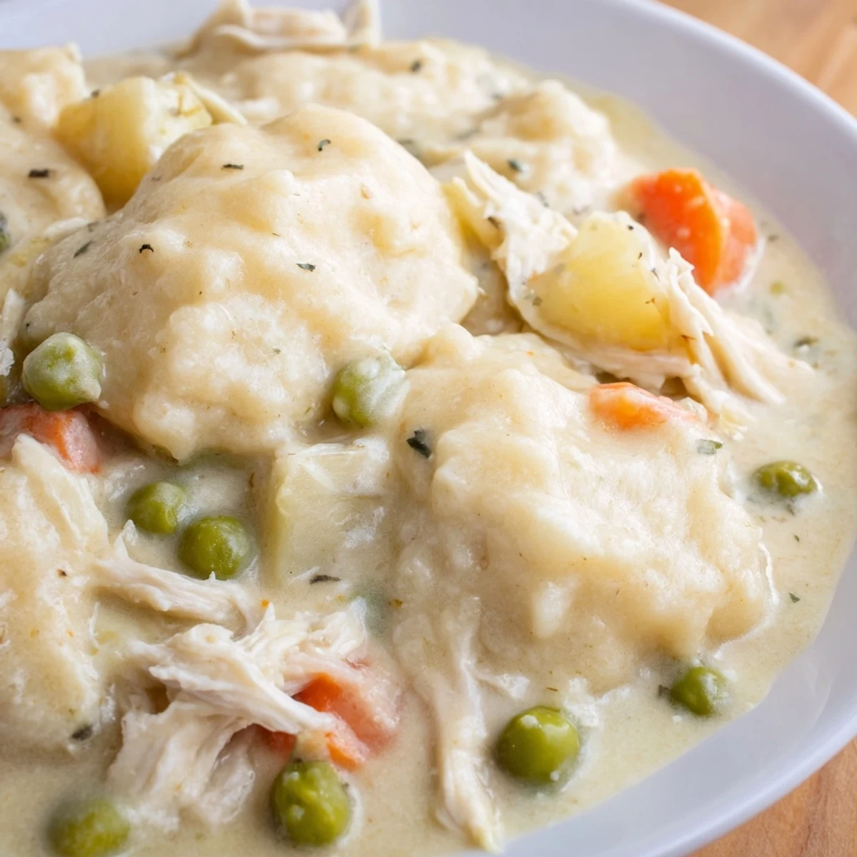 Classic comfort food Slow Cooker Chicken and Dumplings bubbling in a ceramic slow cooker insert with steam rising.