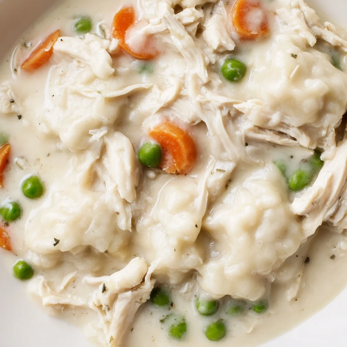 Creamy Slow Cooker Chicken and Dumplings with tender shredded chicken, carrots, celery, and fluffy dumplings served in a bowl.