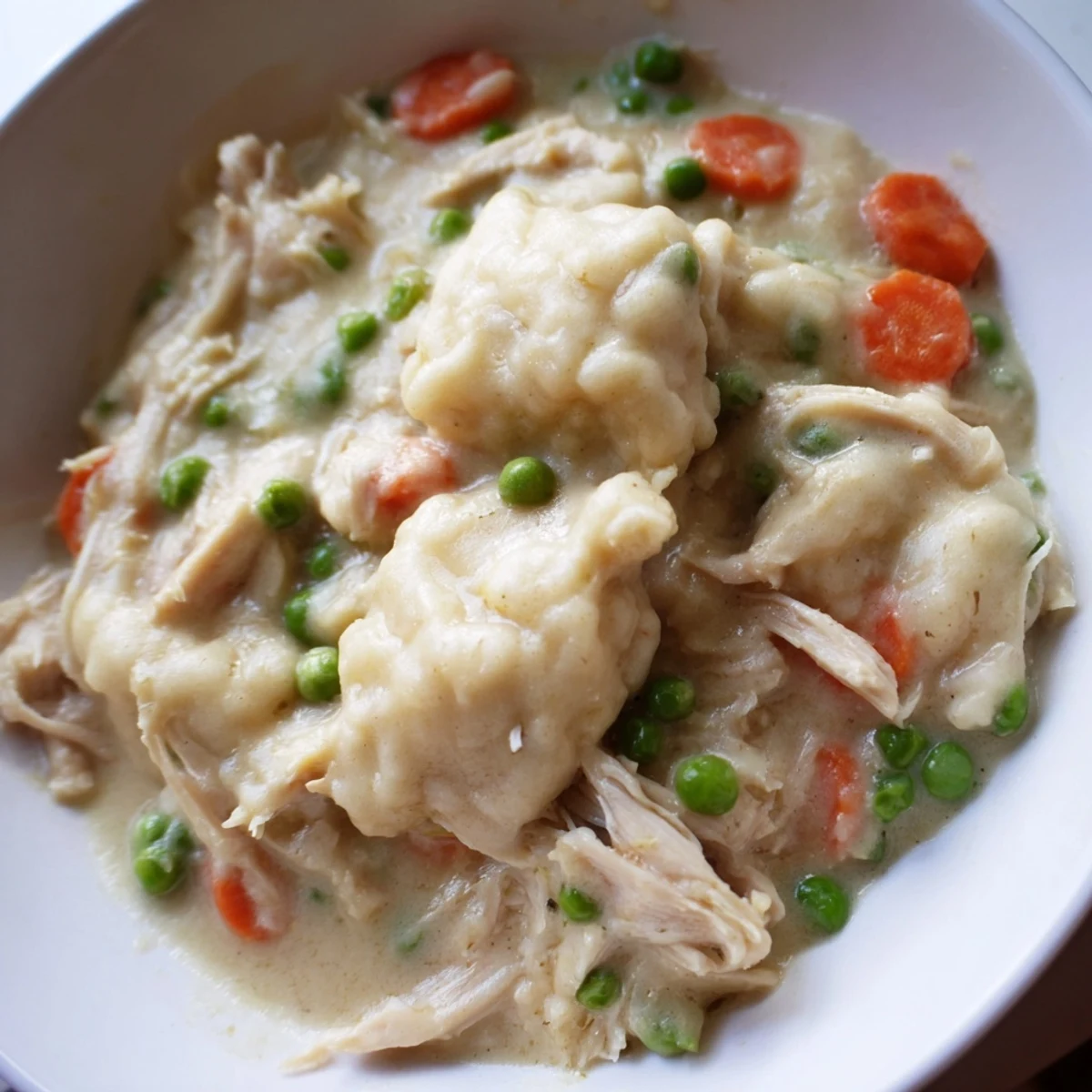 Rustic Slow Cooker Chicken and Dumplings garnished with fresh parsley beside a crusty bread slice for dipping.