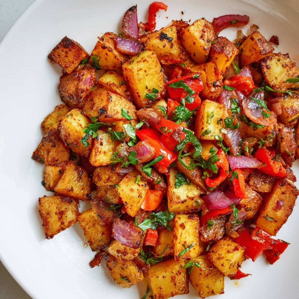 Freshly roasted breakfast potatoes with crispy edges and herbs, served alongside scrambled eggs and sliced avocado on a rustic plate.