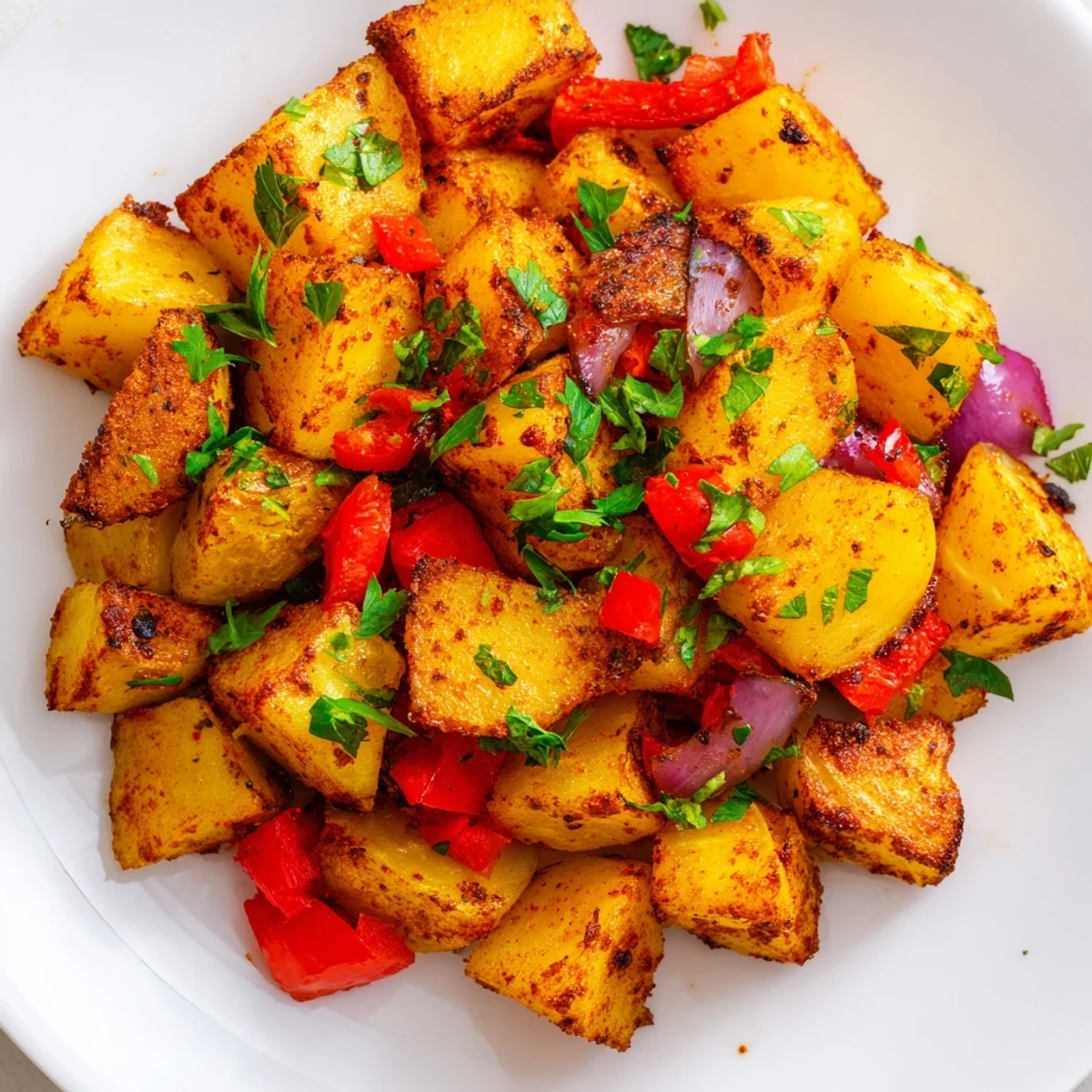 Golden crispy roasted breakfast potatoes tossed with paprika and herbs, steaming hot from the oven on a parchment-lined sheet pan.
