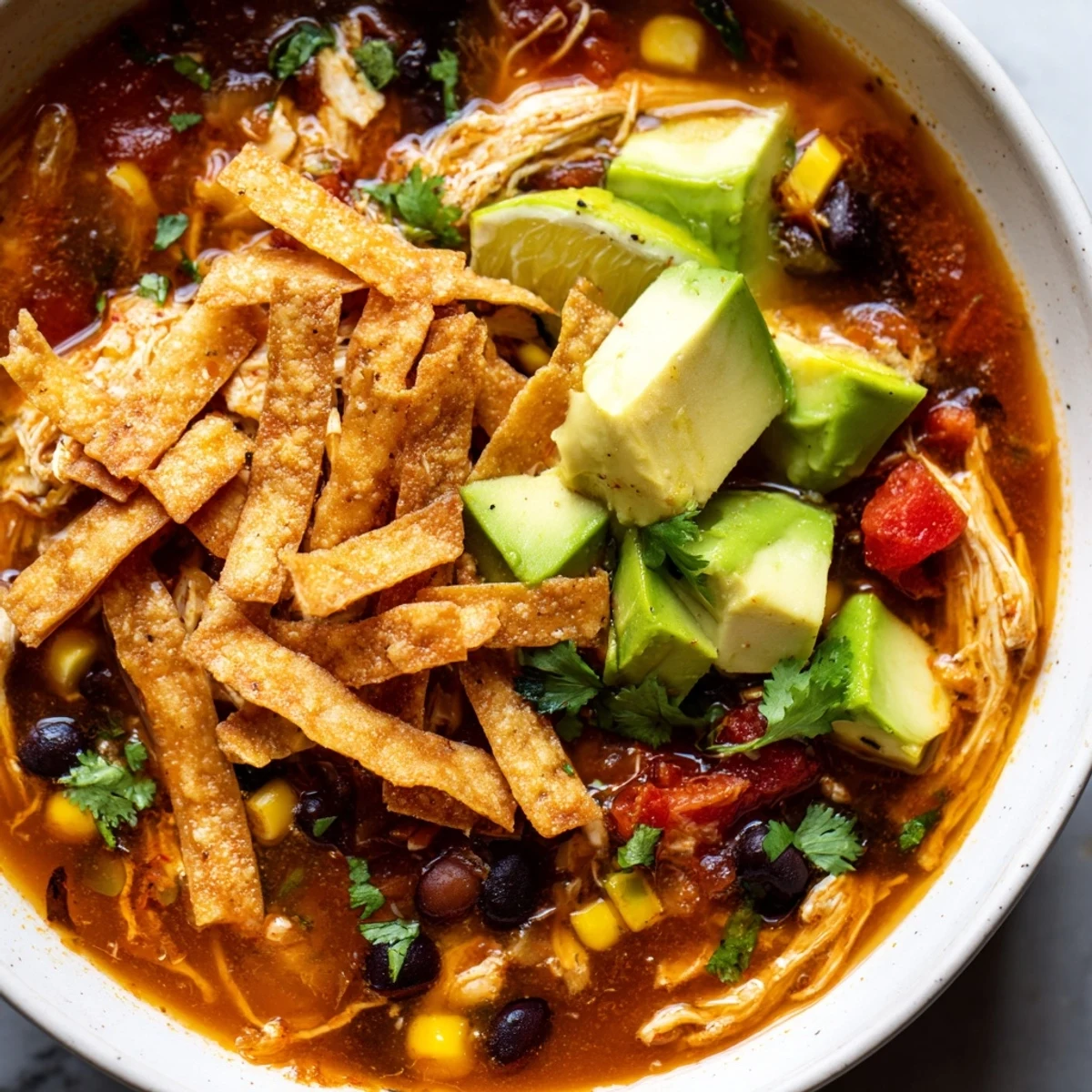 A close-up of Spicy Chicken Tortilla Soup garnished with avocado, cilantro, and lime wedges.