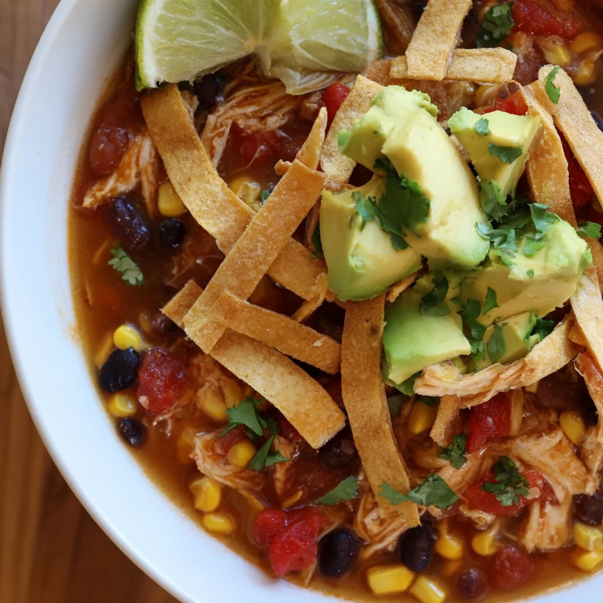 Steaming Spicy Chicken Tortilla Soup in a rustic bowl, ready to serve with lime wedges and avocado.
