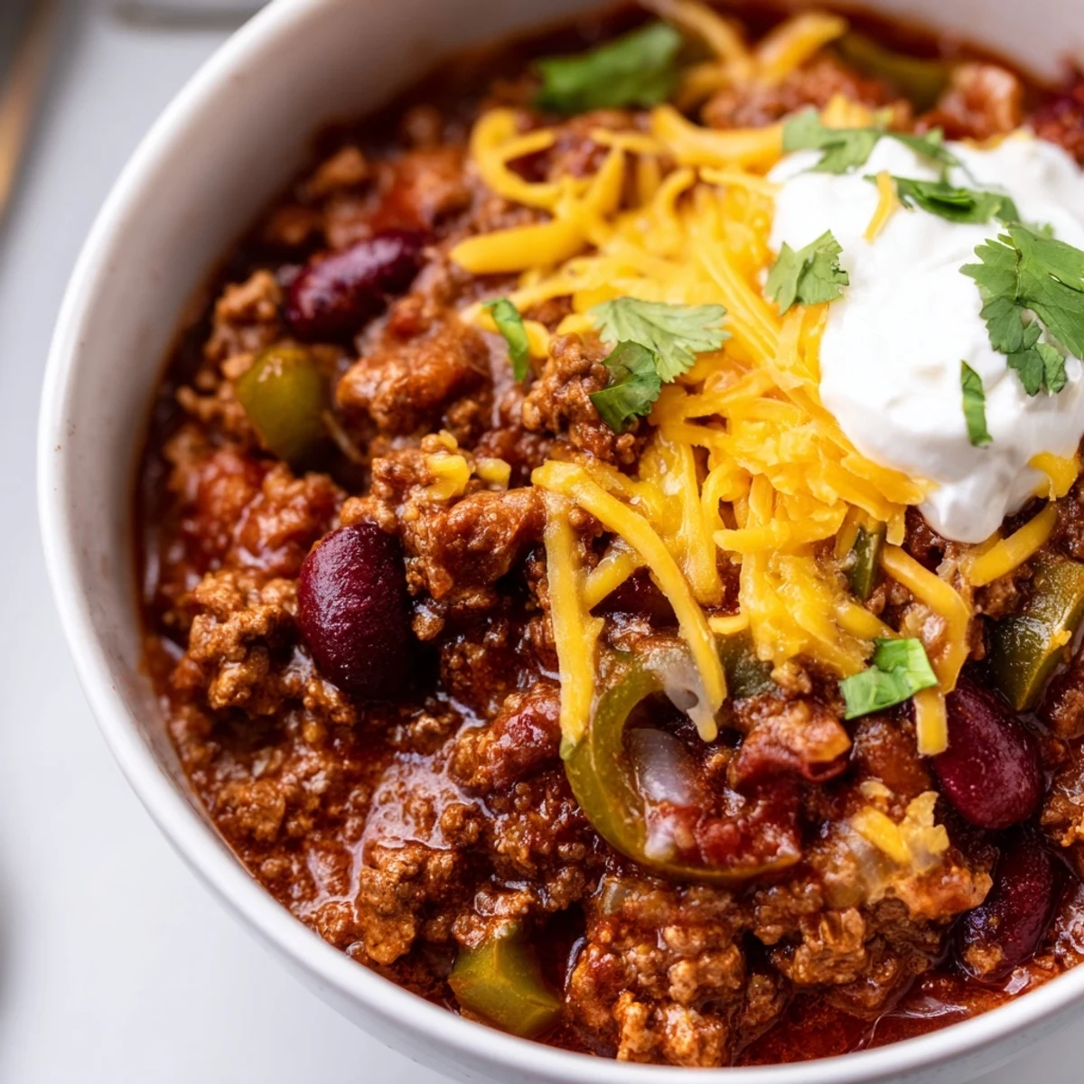 Steaming bowl of hearty Beef and Bean Chili topped with melted sharp cheddar cheese and fresh cilantro.