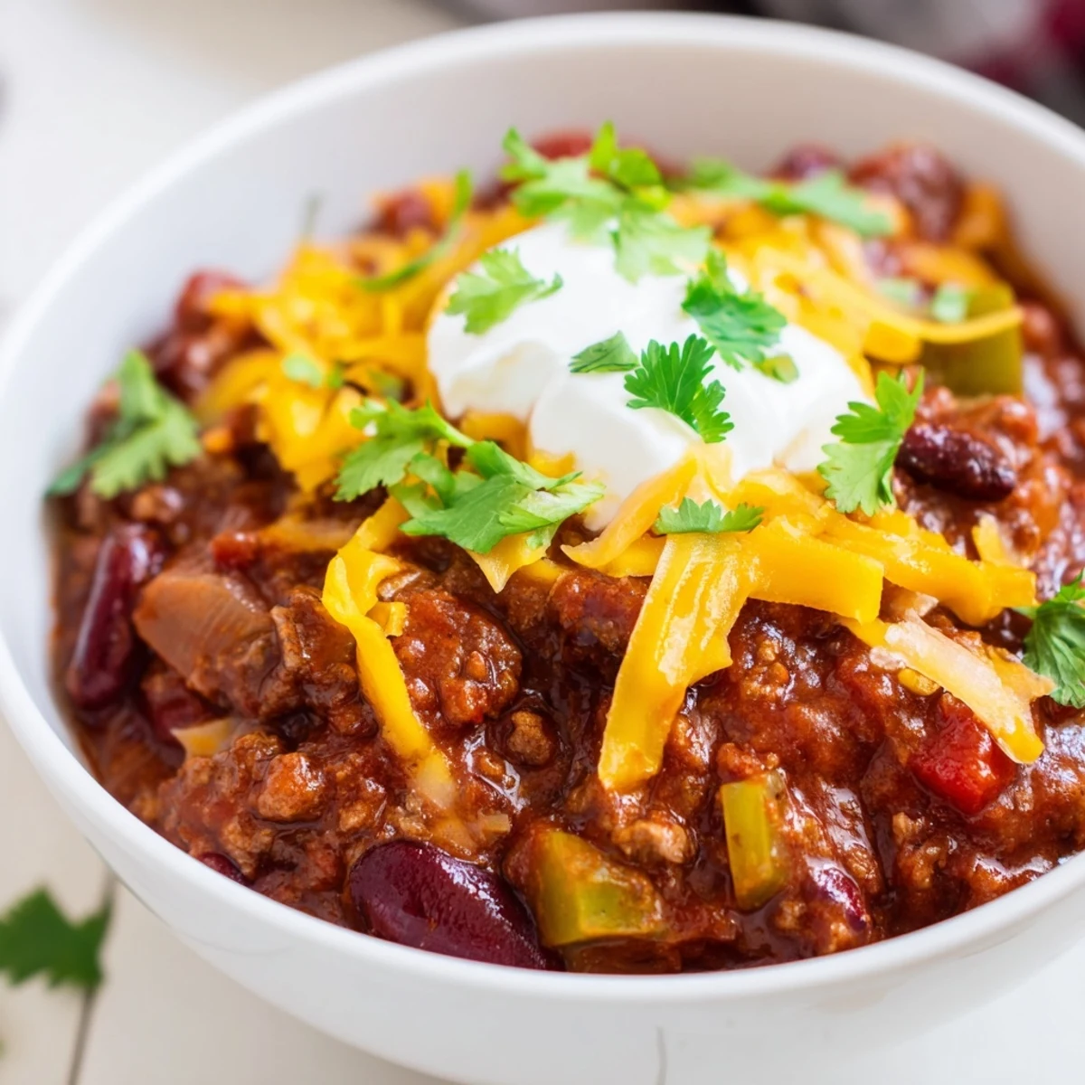 Spoon dipping into savory Beef and Bean Chili with sharp cheddar cheese and sour cream.