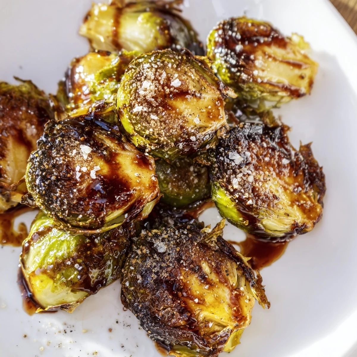 Golden brown, caramelized Roasted Brussels Sprouts with Balsamic Glaze Reduction glistening on a dark plate, served as a savory side dish.
