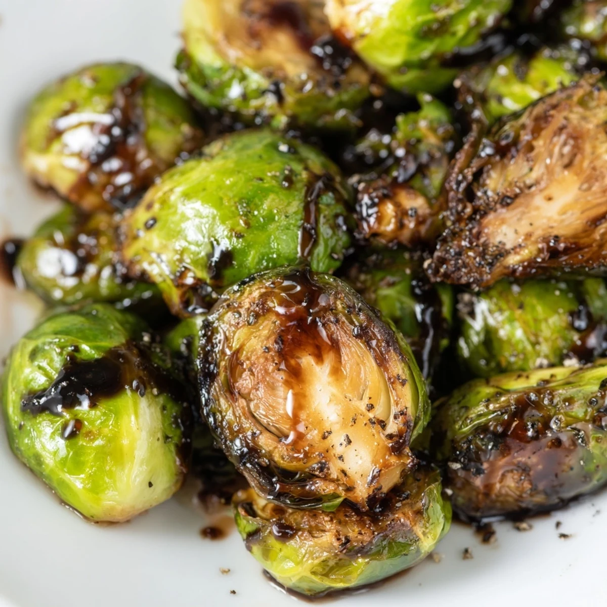 Close-up of Roasted Brussels Sprouts with Balsamic Glaze Reduction, showing charred leaves and rich balsamic sauce beside a holiday roast.