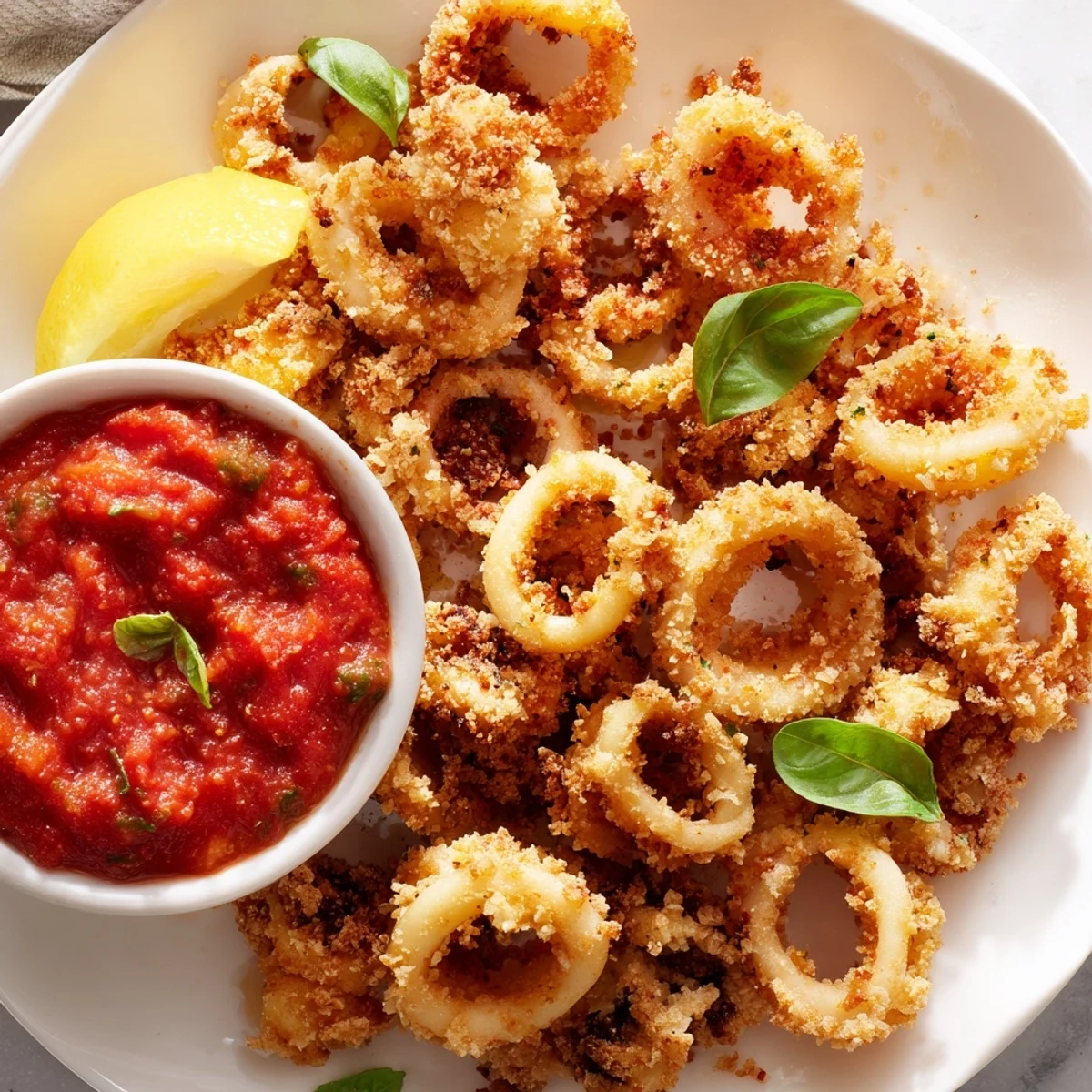 Golden-fried Crispy Calamari with Marinara Dipping Sauce arranged on a rustic plate with lemon wedges.